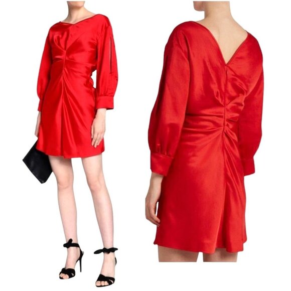 Isabel Marant Dress Women XS‎ Red Satin Long Split Sleeve Fit And Flare Mini - Picture 1 of 12